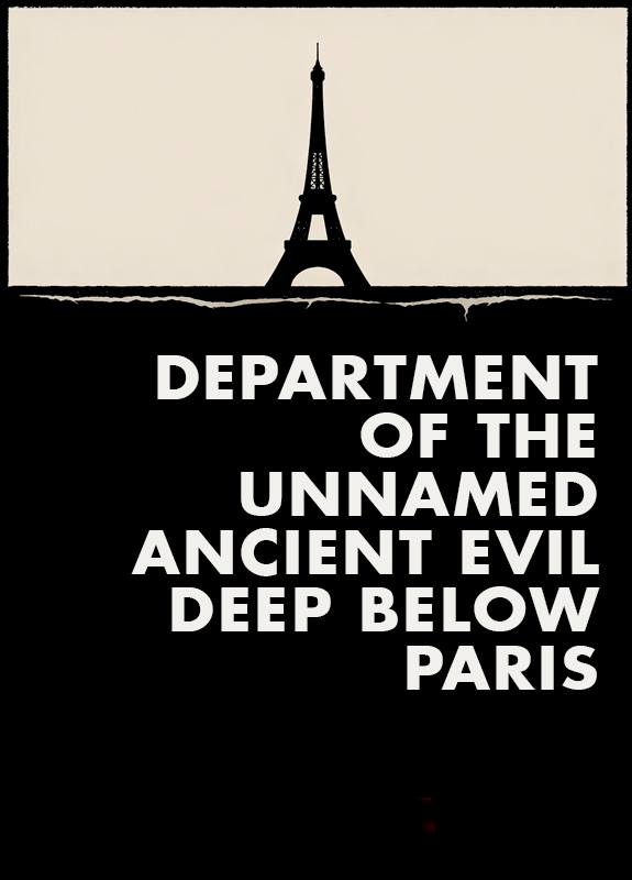 A dark eiffel tower rests in the centre of the image. Below reads the title of the story with negative space emphasising the depths underneath the tower